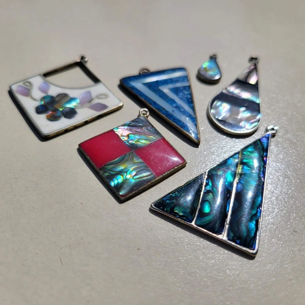 Vintage Alpaca Mexico Shell Inlay Assorted Pendant Lot Geometric Floral